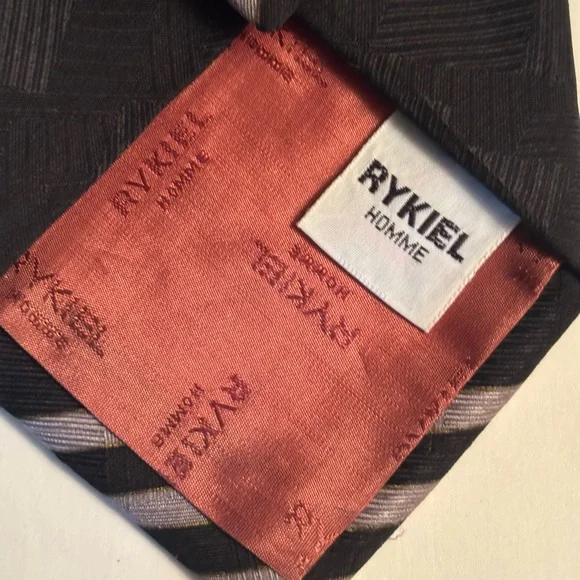 SONIA RYKIEL HOMME Black Tan Striped Silk Tie Gold Crest Emblem luxury designer